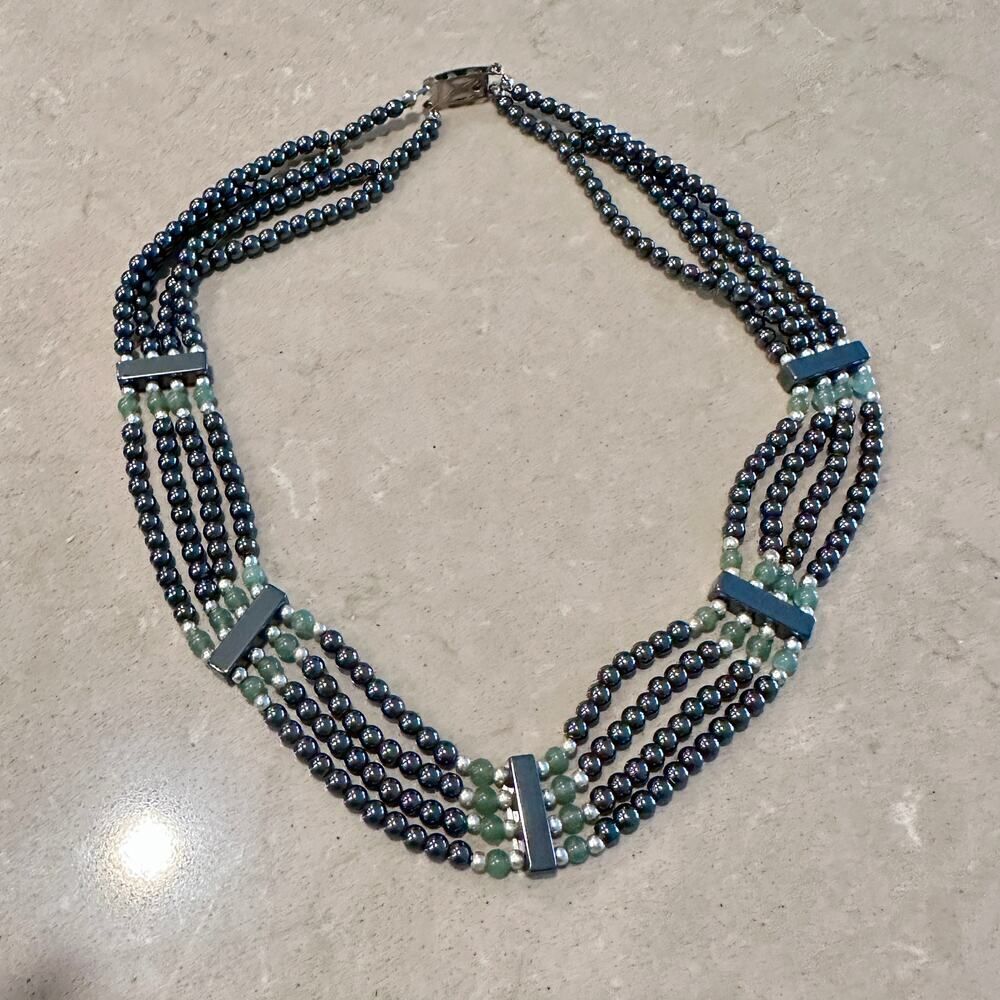 Vintage Hematite & Green Beaded Statement Necklace